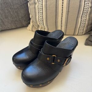 UGG Women's Black Leather Mules with Gold Accents